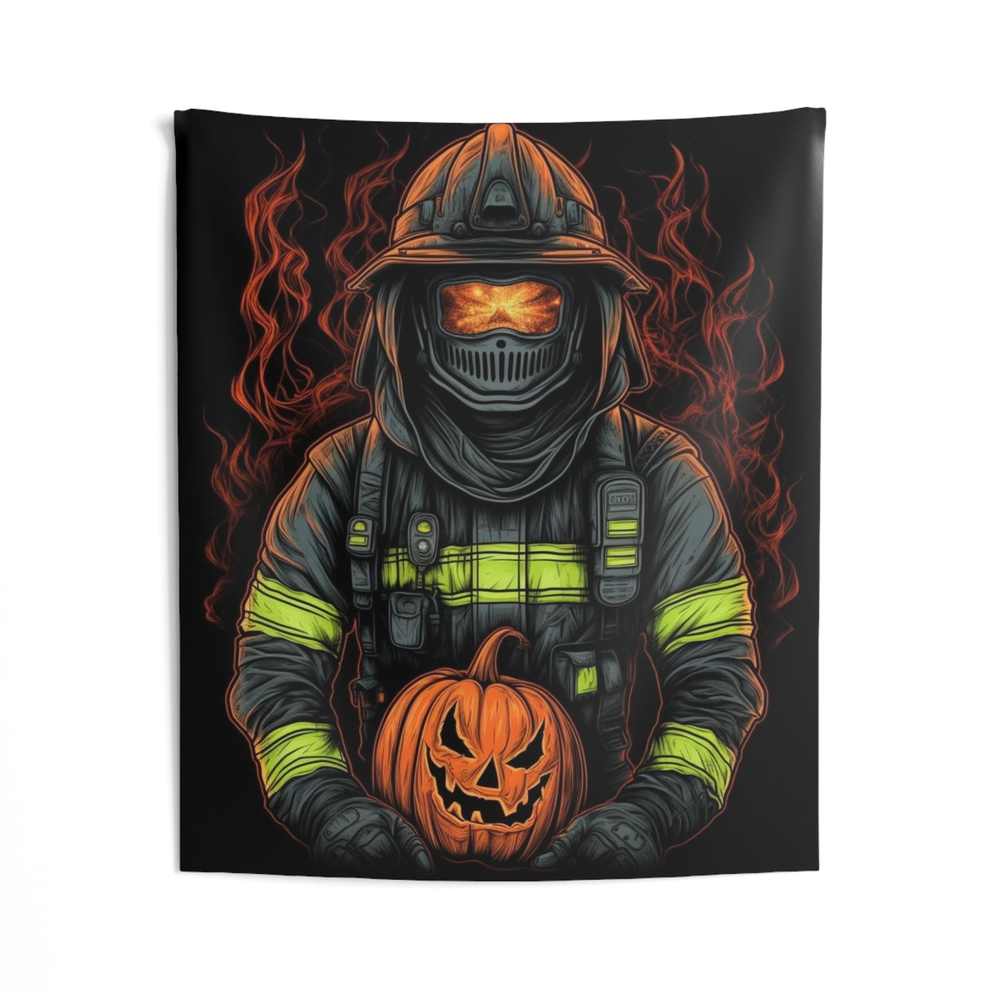 Firefighter Spooky Alert: Facing Haunted Halloween Spirits Scary Fire Pumpkin - Indoor Wall Tapestries