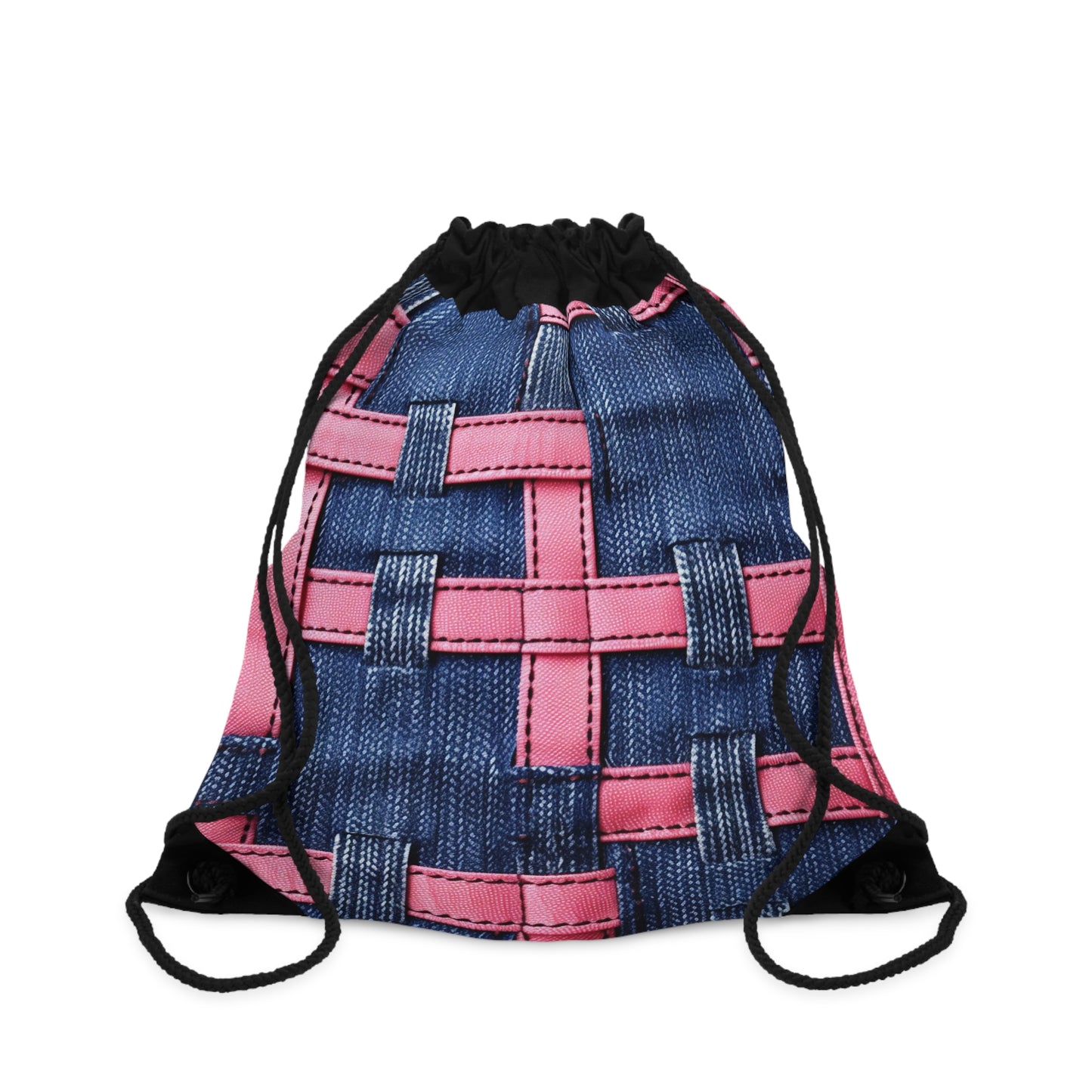 Candy-Striped Crossover: Pink Denim Ribbons Dancing on Blue Stage - Drawstring Bag