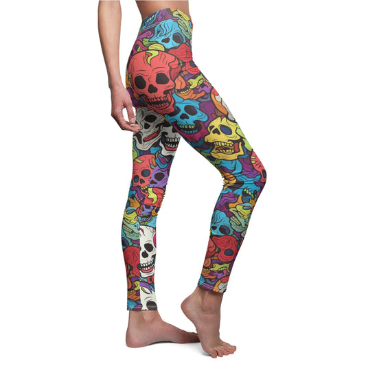 Psychedelic Rainbow Skull Head Pattern, Vibrant Colors - Women's Cut & Sew Casual Leggings (AOP)