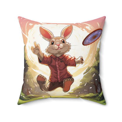 Disc Golf Rabbit: Bunny Aiming Frisbee for Basket Chain - Spun Polyester Square Pillow