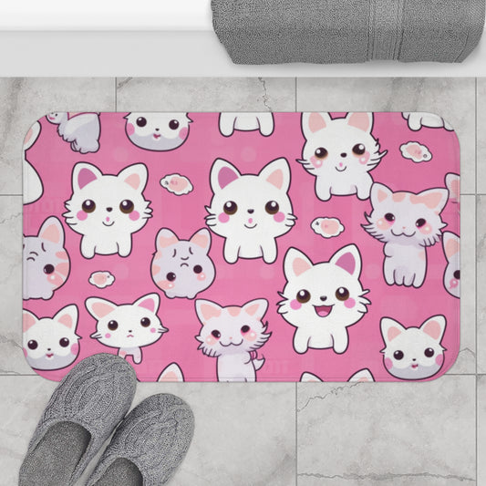 Adorable Cartoon-Style Anime Kitten, Cat, Kitty Pattern - Cute and Colorful - Bath Mat
