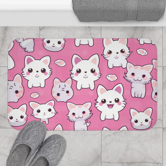 Adorable patrón de gatito, gato y gatito anime de estilo de dibujos animados - Lindo y colorido - Alfombra de baño