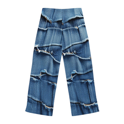 Midnight Blue Distressed Denim: Rugged, Torn & Stylish Design - Women's Pajama Pants (AOP)