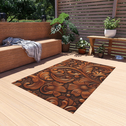 Leather Flower Cognac Classic Brown Timeless American Cowboy Design - Outdoor Rug