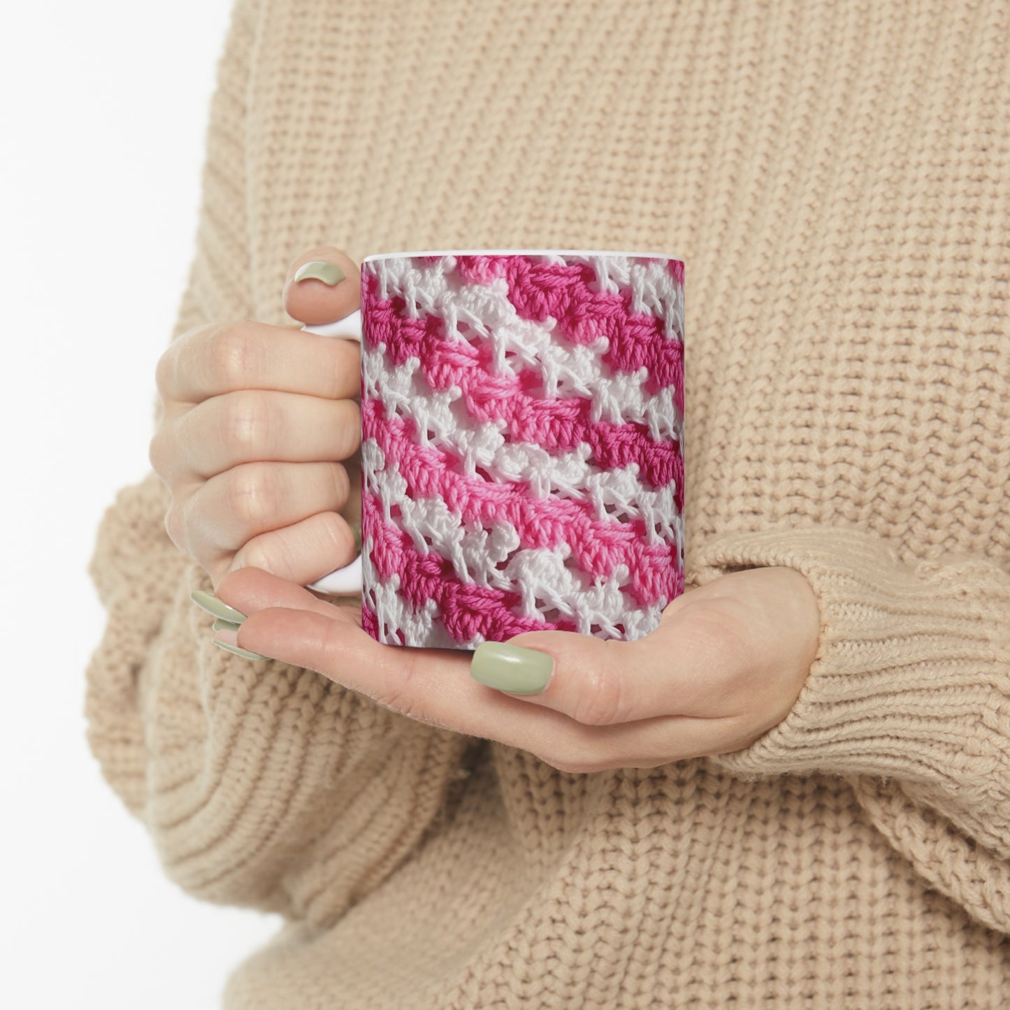 Hot Pink & White Knit, Vibrant Yarn Blend, Modern Chic Texture - Ceramic Mug 11oz