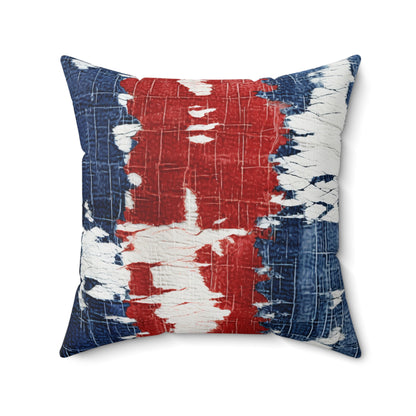 Rojo patriótico, blanco y azul: estilo denim desgastado, tela rasgada - almohada cuadrada de poliéster hilado