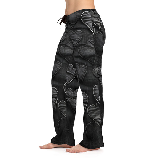 Black: Distressed Denim-Inspired Fabric Heart Embroidery Design - Women's Pajama Pants (AOP)