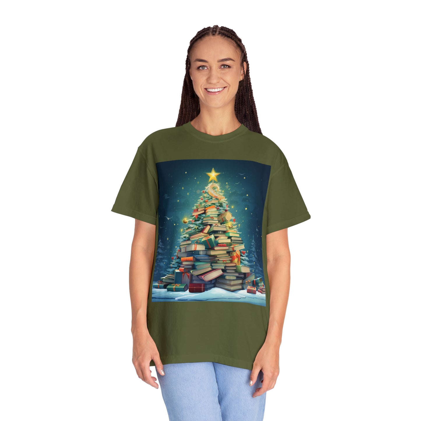 Book Worm Club Christmas Tree Seasonal Winter Holiday - Unisex Garment-Dyed T-shirt