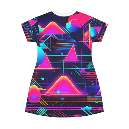 80s Synthwave Retro-Futuristic Inspired Pattern Design T-Shirt Dress (AOP)