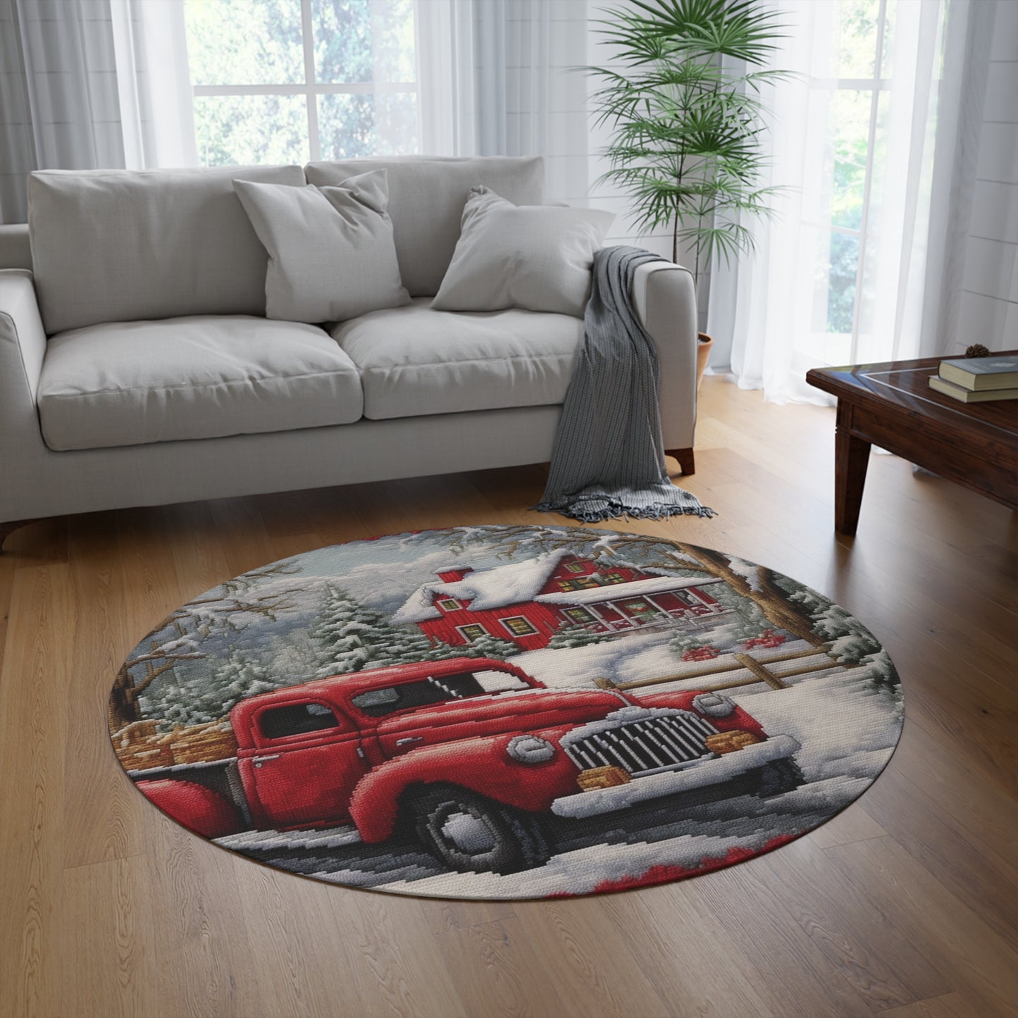 Red Truck Christmas Embroidery: Needlepoint Festive Winter Scene Threadwork - Round Rug