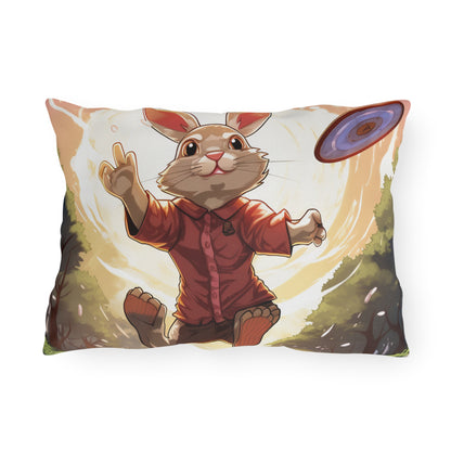 Disc Golf Rabbit: Bunny Aiming Frisbee for Basket Chain - Outdoor Pillows