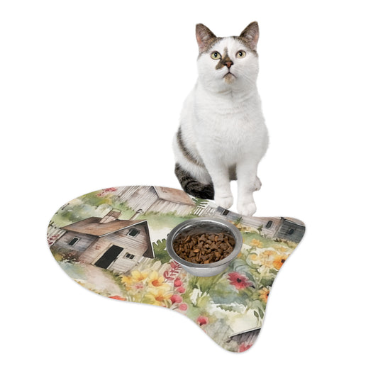 Country Wooden Houses with Flower Blooms - Cottagecore Floral Design - Outdoor Style - Pet Feeding Mats