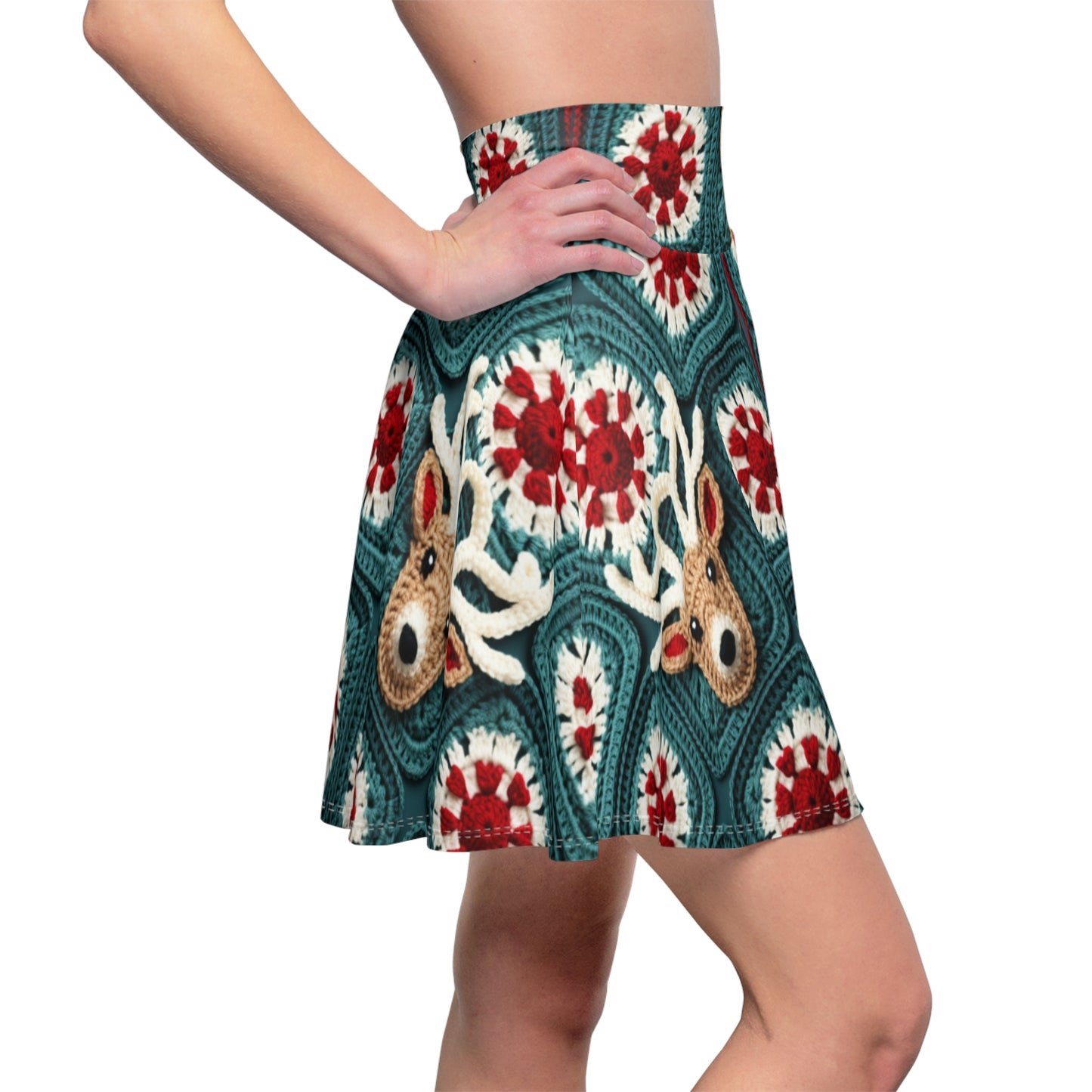 Christmas Reindeer Crochet, Wintry Wonderland Design, Festive Stag Motif. Embrace the Holiday Spirit - Women's Skater Skirt (AOP)