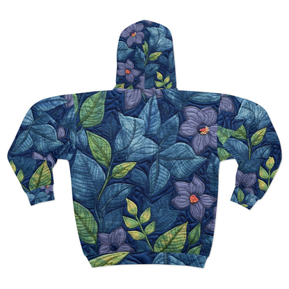 Floral Embroidery Blue: Denim-Inspired, Artisan-Crafted Flower Design - Unisex Zip Hoodie (AOP)