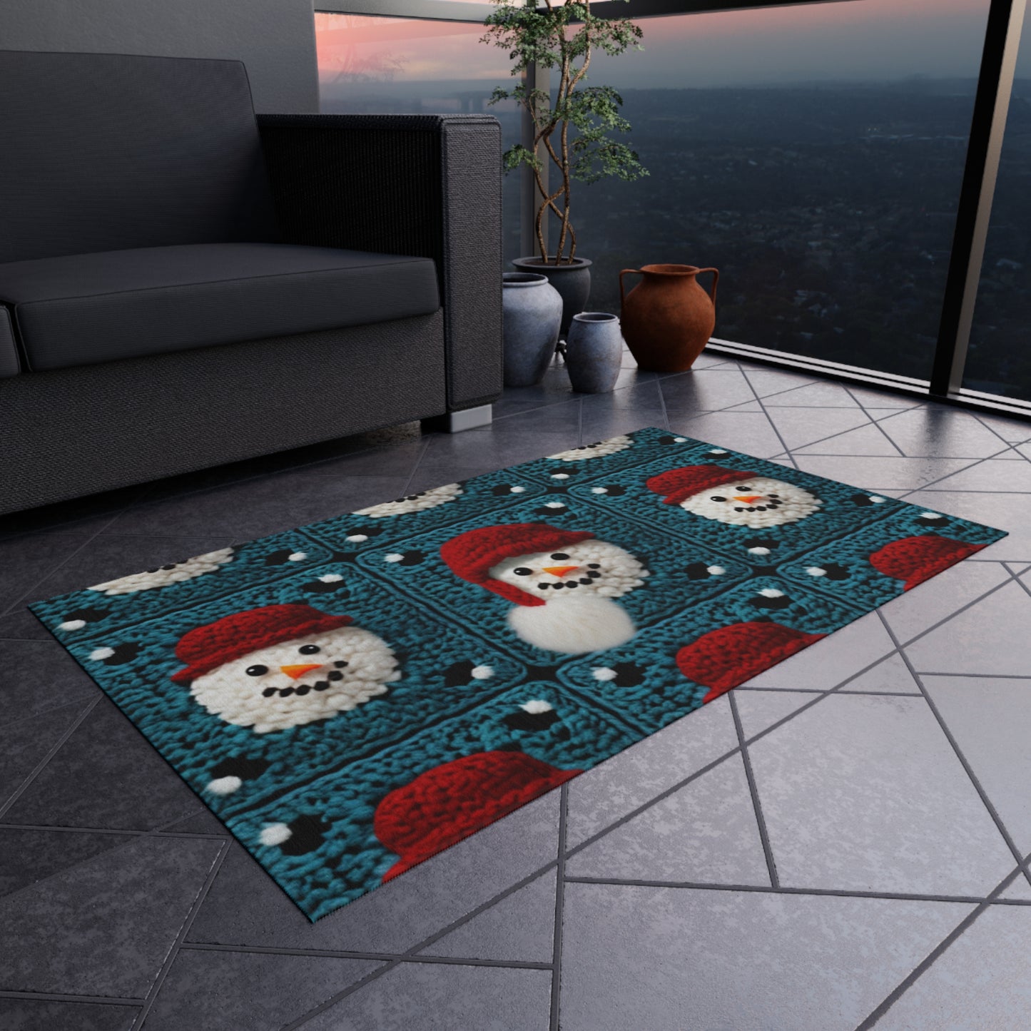 Snowman Crochet Craft, Festive Yuletide Cheer, Winter Wonderland - Outdoor Rug