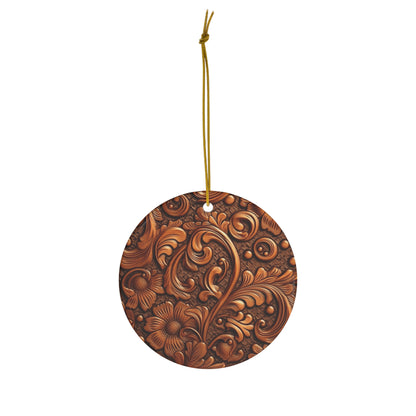 Leather Flower Cognac Classic Brown Timeless American Cowboy Design - Ceramic Ornament, 4 Shapes