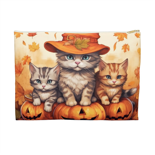 Kitty Cat Kittens Halloween - Cute Furries on Pumpkin - Festive Feline Decor - Accessory Pouch