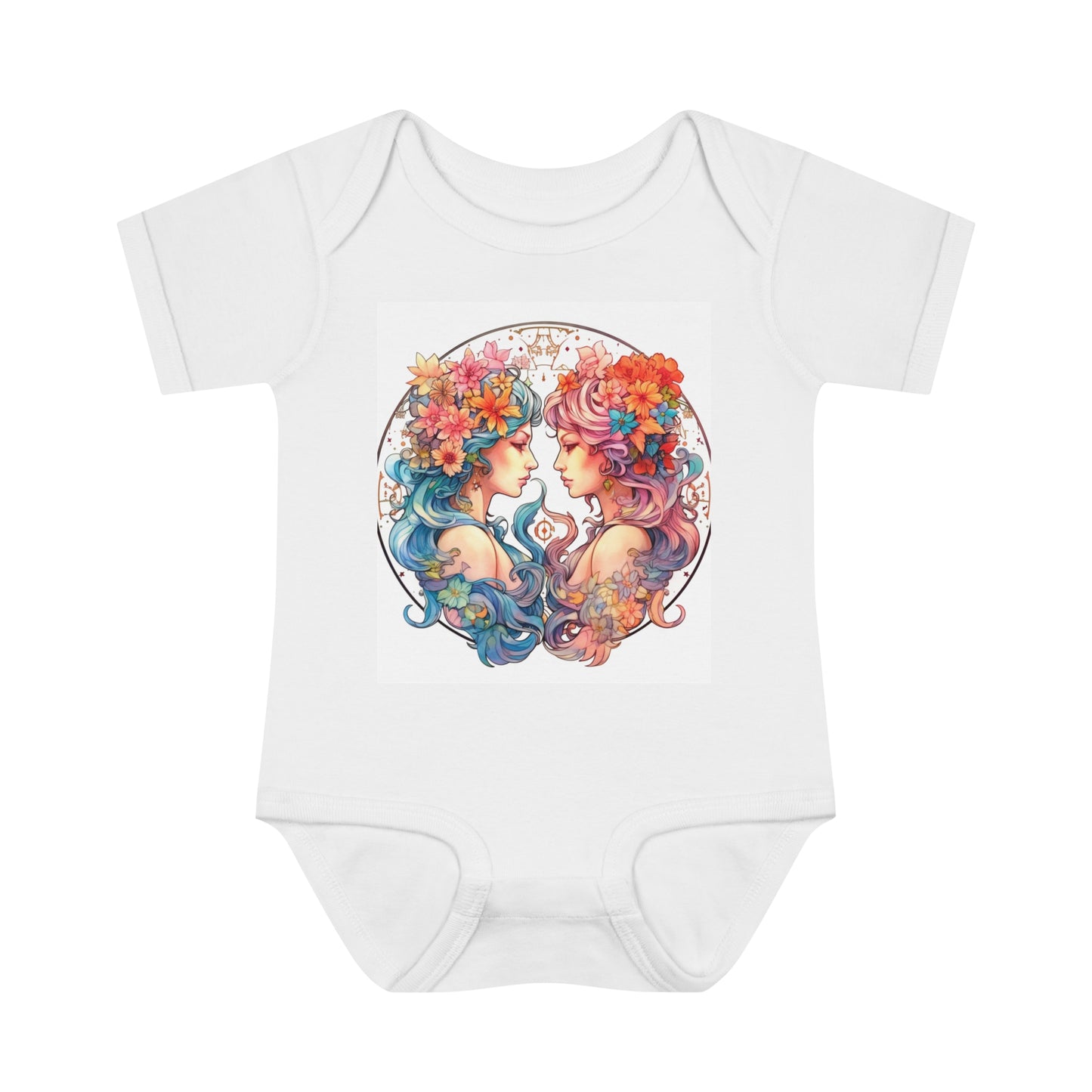 Zodiac Gemini Clipart - Twins Symbol, Whimsical Comic Style - Infant Baby Rib Bodysuit