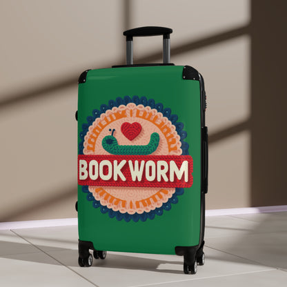 Crochet Bookworm Illustration: Cozy Reader Embroidered Patch Design - Suitcase