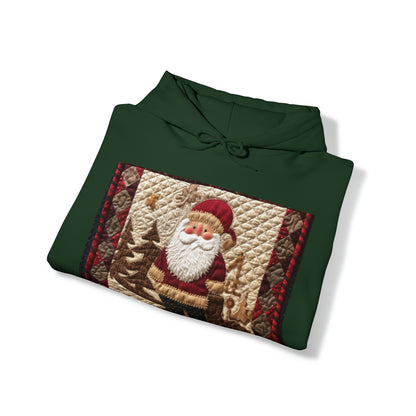 Santa Claus Christmas Farmhouse Quilt: Cozy with Checkered Borders - Unisex Heavy Blend™ Hooded Sweatshirt