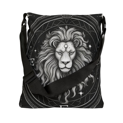 Leo Zodiac Tote Bag, Black White Lion Design, 100% Spun Polyester, Adjustable Strap