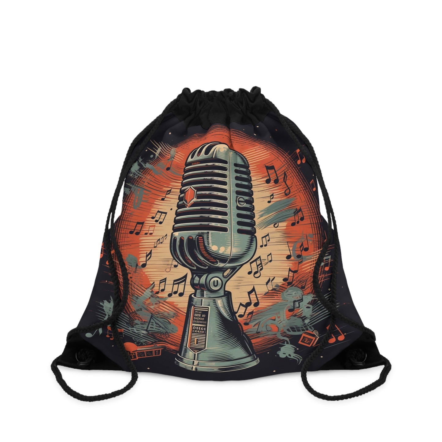 Retro Microphone & Music Notes - Vintage Style Design - Drawstring Bag