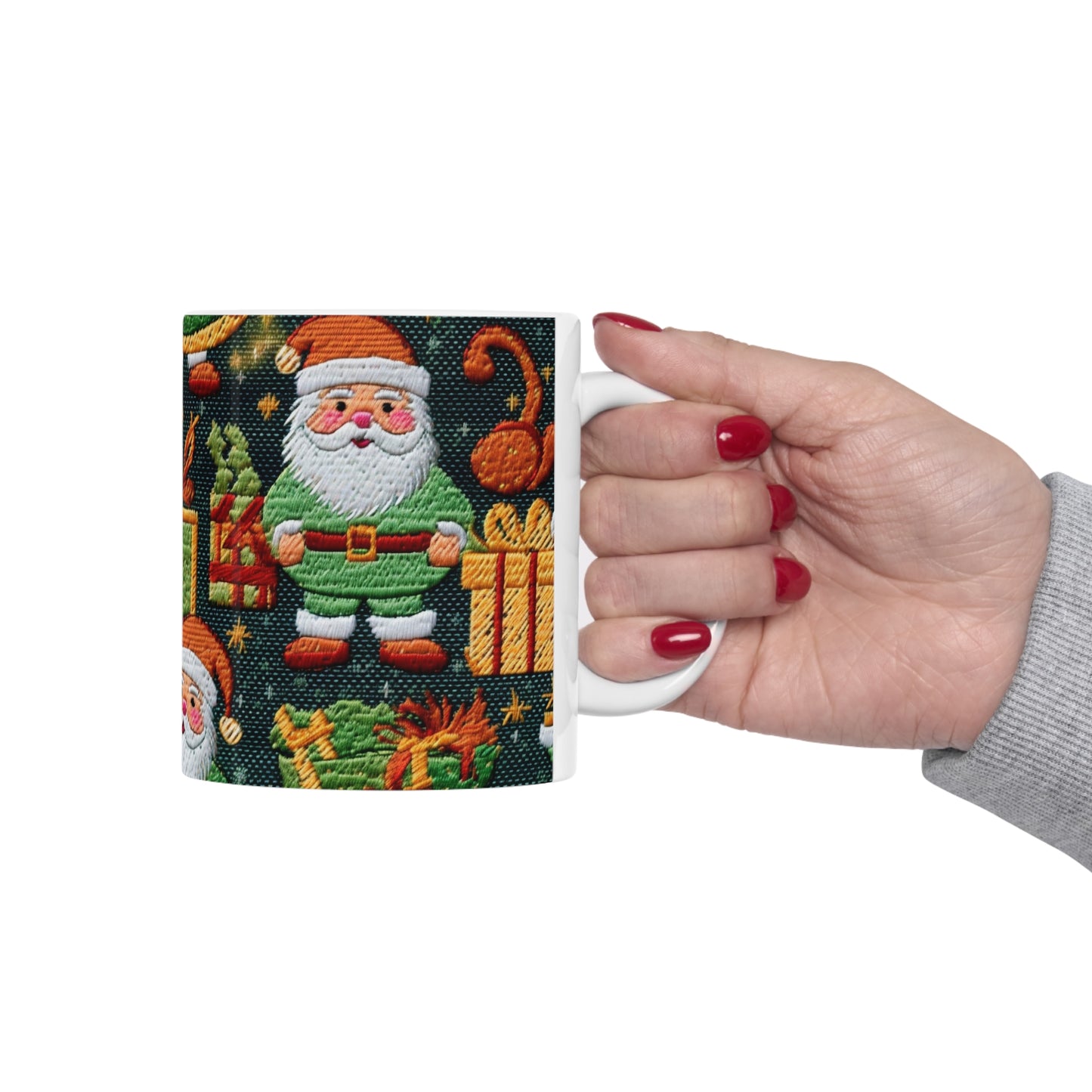 Christmas Santa Claus - Embroidered Presents - Festive Winter Wonderland - Deck the Halls Design - Ceramic Mug 11oz