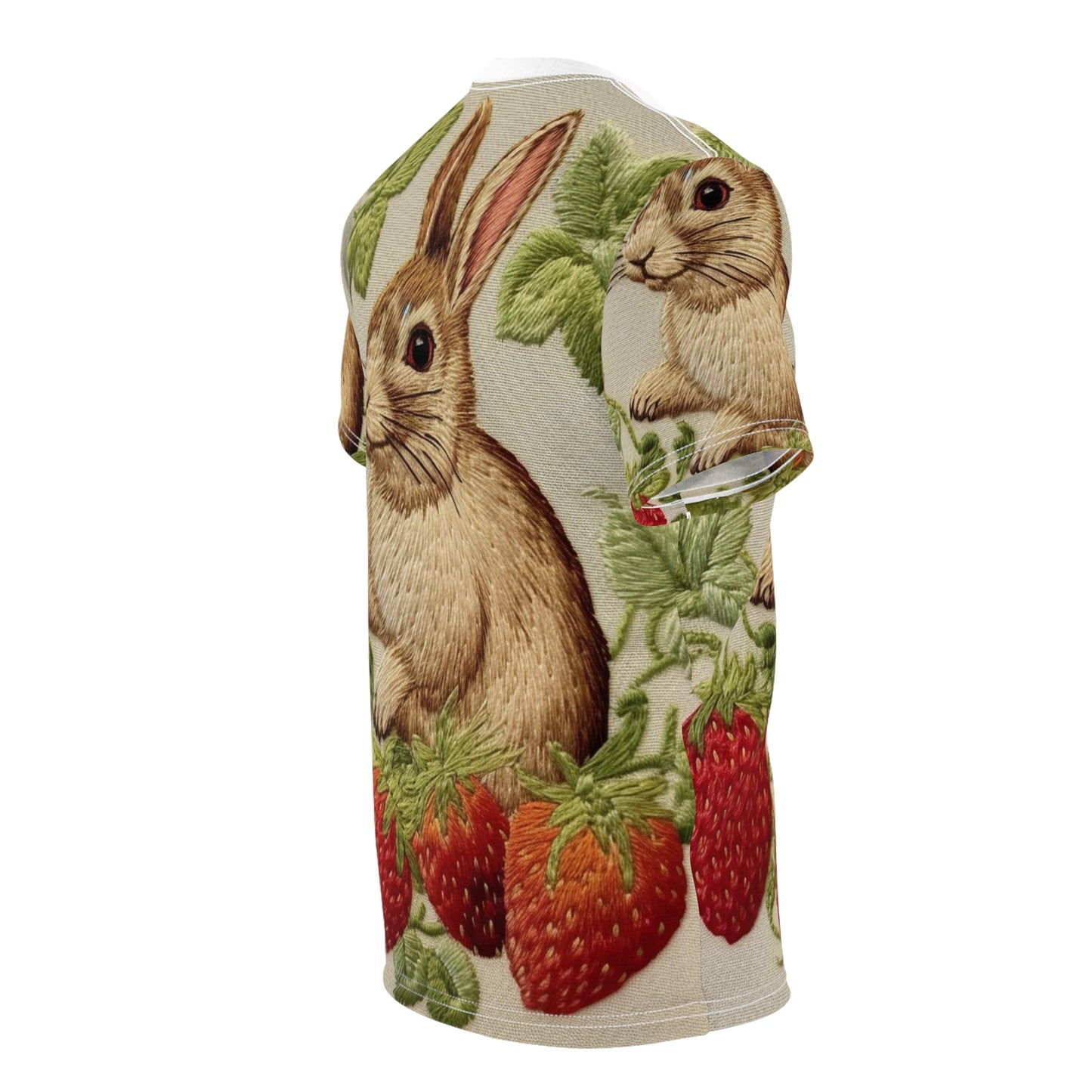 Conejo de fresa - Estilo de bordado - Munchies de frutas de fresas - Regalo de Pascua - Camiseta unisex cortada y cosida (AOP) 