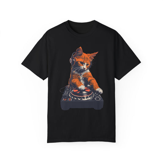 Estilo retro, DJ cat - Camiseta unisex teñida en prenda