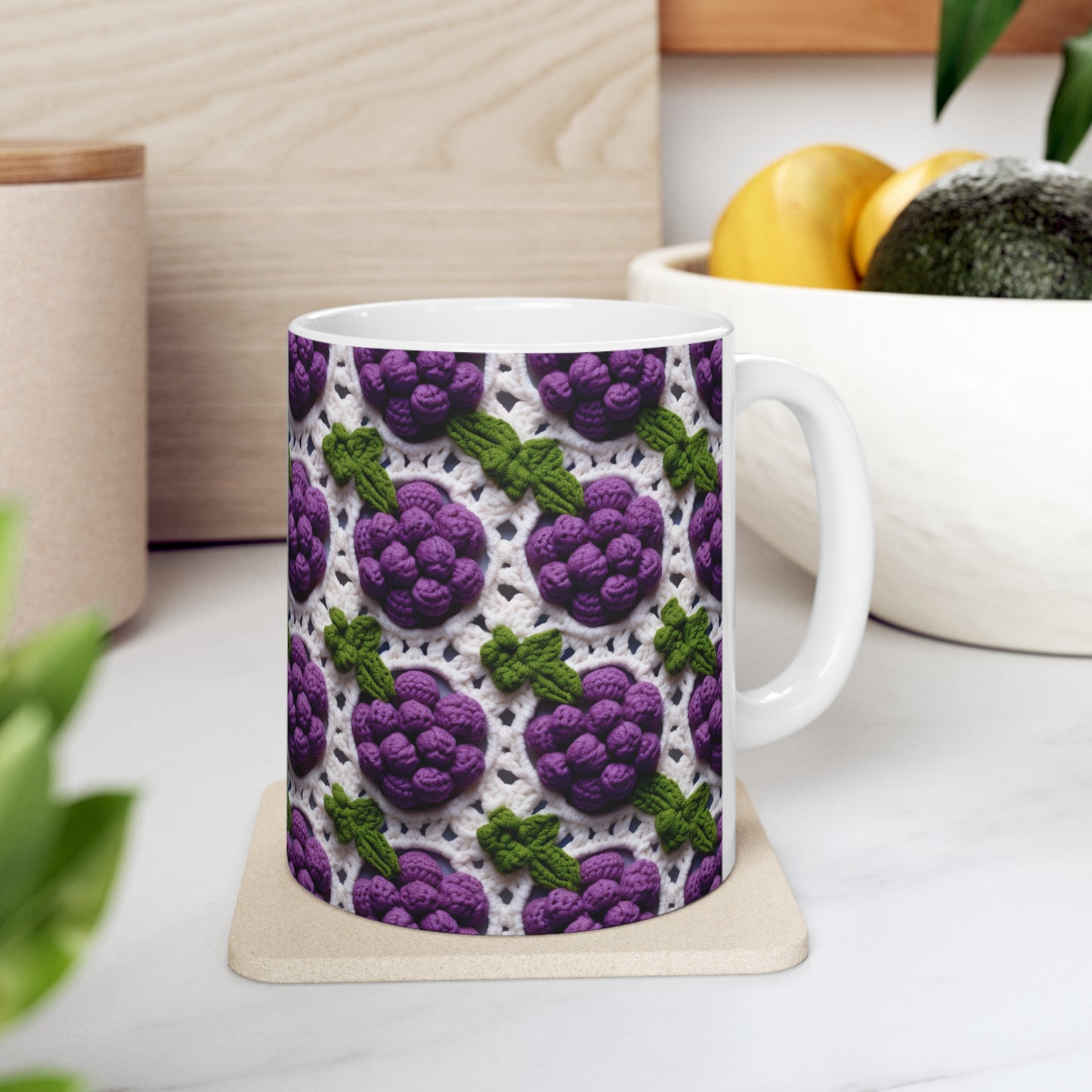 Crochet Grapes Pattern - Granny Square Design - Fresh Fruit Pick - Orchard Purple Snack Food - Ceramic Mug 11oz