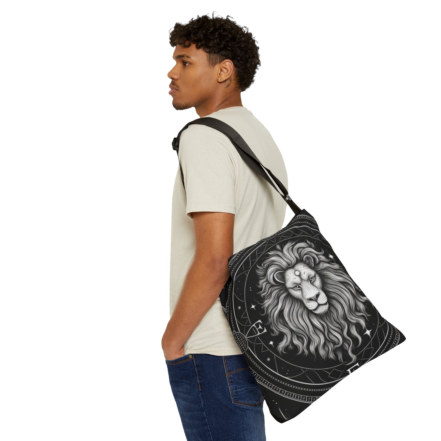 Leo Zodiac Tote Bag, Black White Lion Design, 100% Spun Polyester, Adjustable Strap