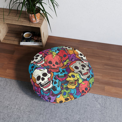 Psychedelic Rainbow Skull Head Pattern, Vibrant Colors - Tufted Floor Pillow, Round