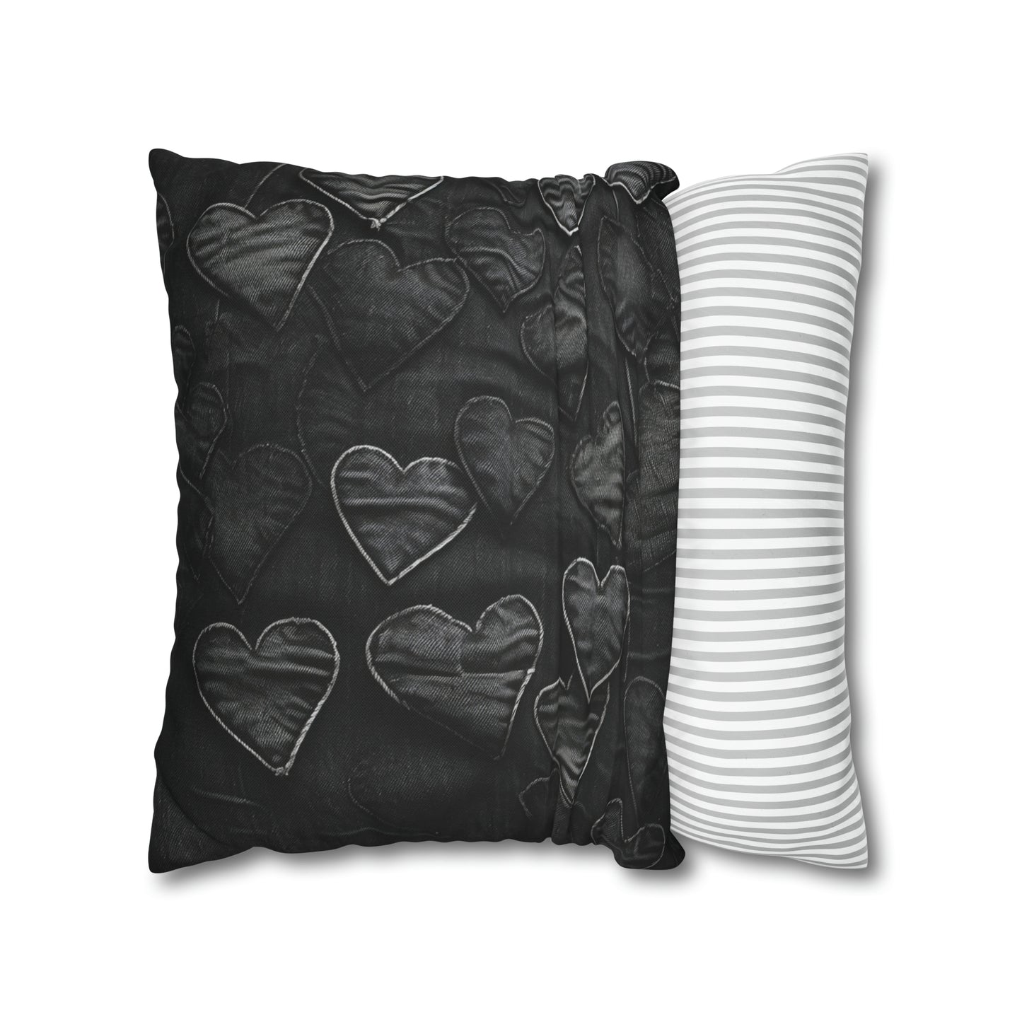 Negro azabache: diseño de bordado de corazón de tela inspirada en la mezclilla desgastada - Funda de almohada cuadrada de poliéster hilado 