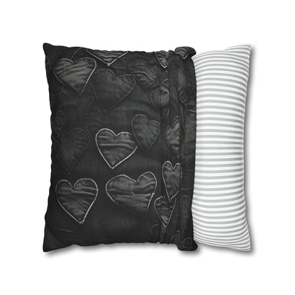 Negro azabache: diseño de bordado de corazón de tela inspirada en la mezclilla desgastada - Funda de almohada cuadrada de poliéster hilado 