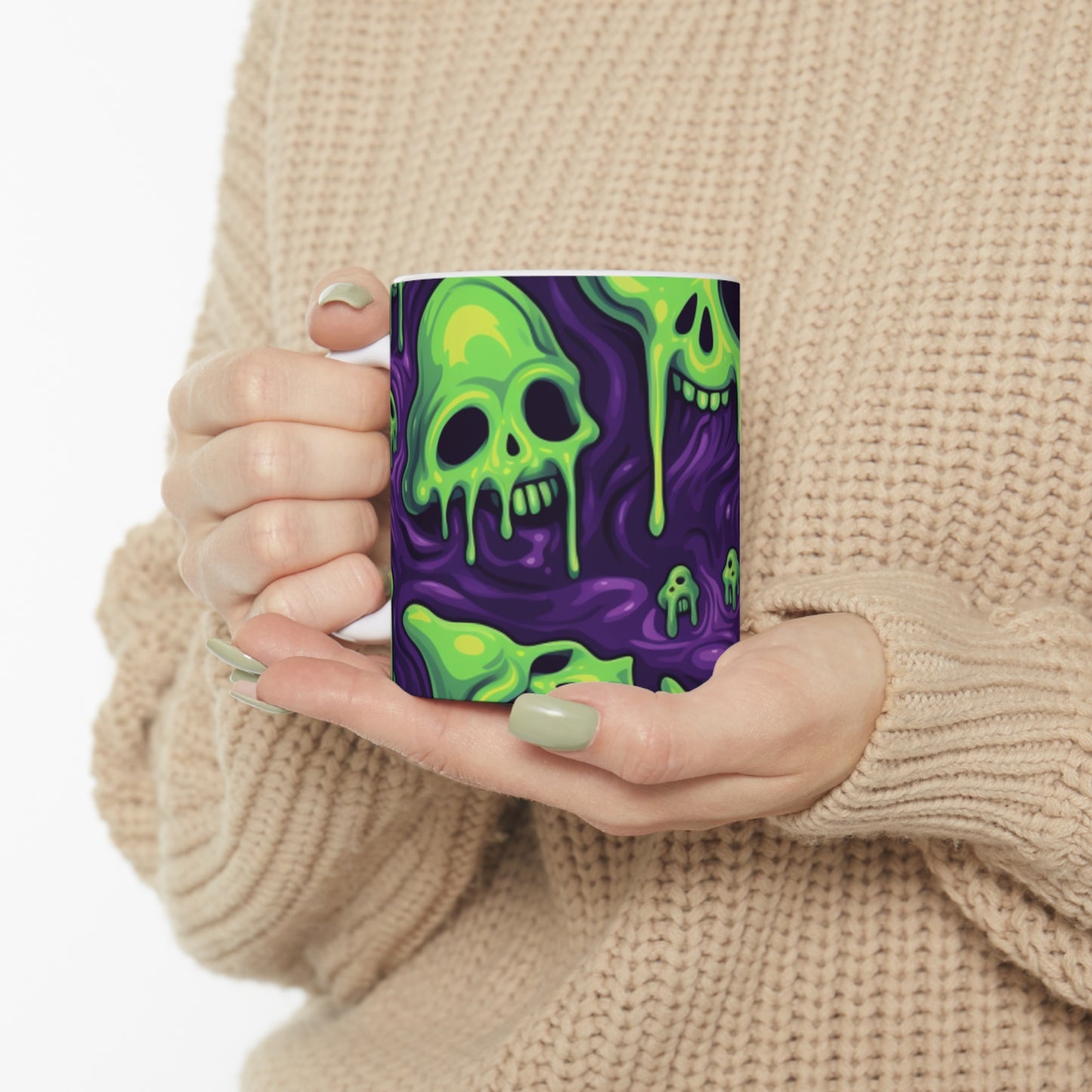 Patrón de terror aterrador de esqueletos verdes de calavera de limo de Halloween - Taza de cerámica 11oz