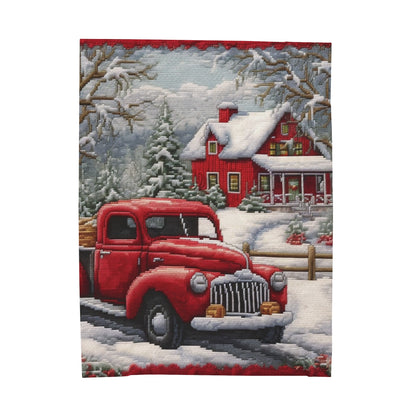 Red Truck Christmas Embroidery: Needlepoint Festive Winter Scene Threadwork - Velveteen Plush Blanket