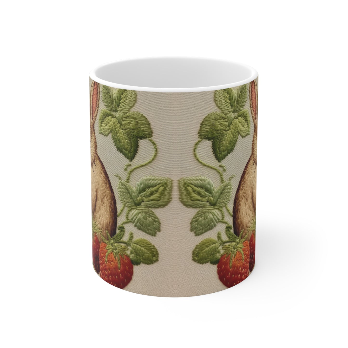 Strawberry Bunny Rabit - Embroidery Style - Strawberries Fruit Munchies - Easter Gift - Ceramic Mug 11oz