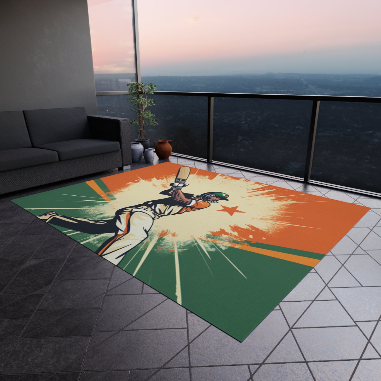 India Cricket Star: Batsman With Willow Bat, National Flag Style - Sport Game - Outdoor Rug