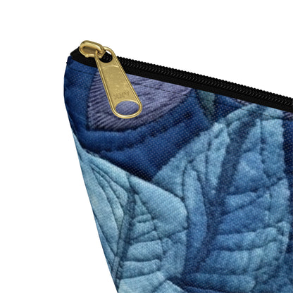 Floral Embroidery Blue: Denim-Inspired, Artisan-Crafted Flower Design - Accessory Pouch w T-bottom