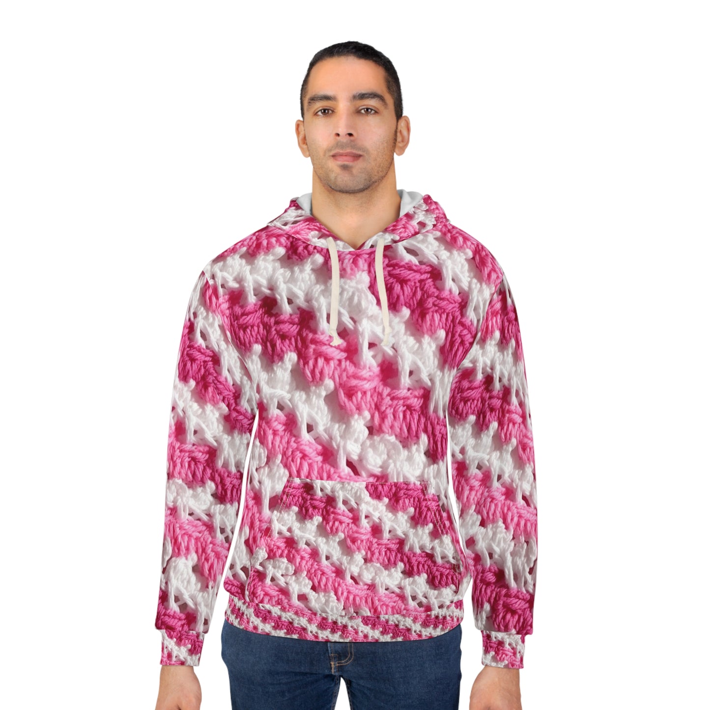 Hot Pink & White Knit, Vibrant Yarn Blend, Modern Chic Texture - Unisex Pullover Hoodie (AOP)