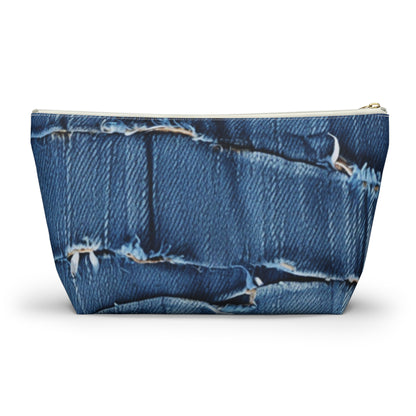 Midnight Blue Distressed Denim: Rugged, Torn & Stylish Design - Accessory Pouch w T-bottom