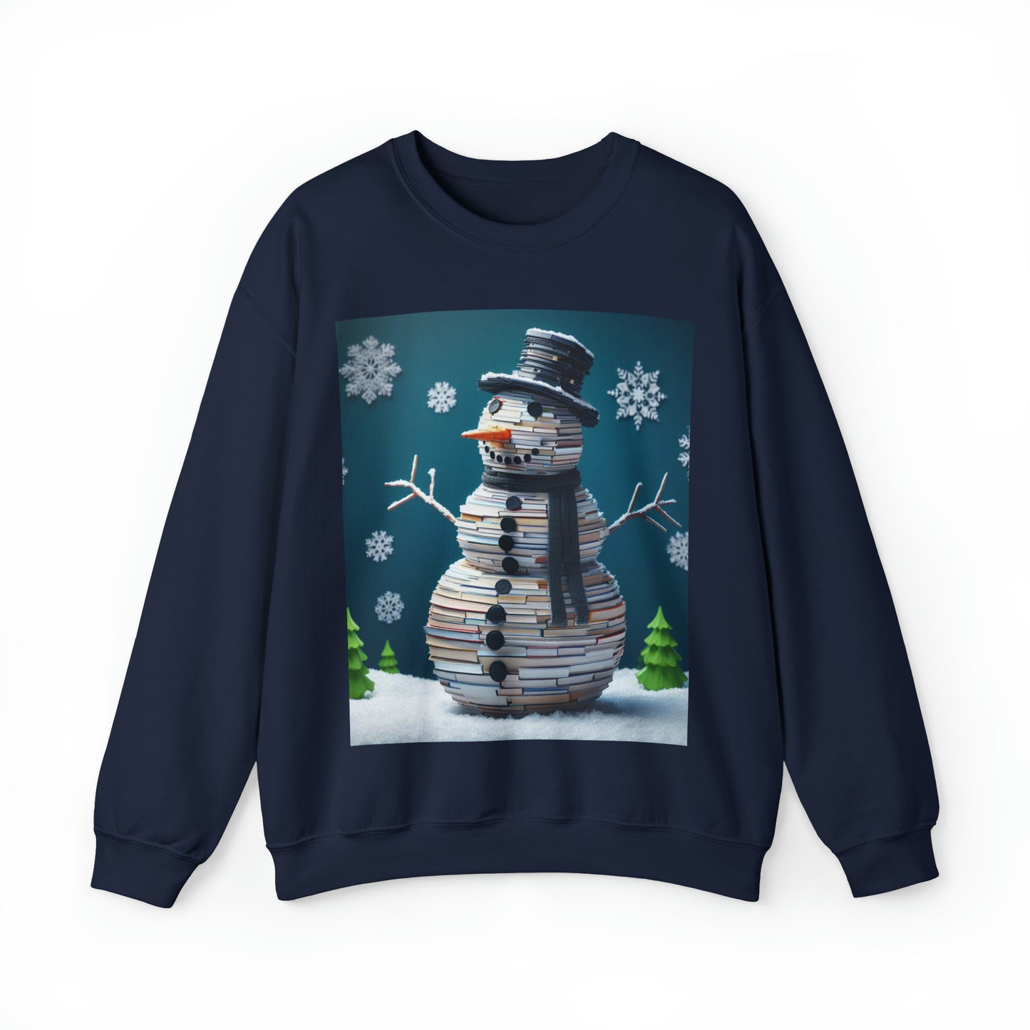 Muñeco de nieve de lector encantado: figura escarchada navideña amante de la pila de libros - Sudadera unisex Heavy Blend™ con cuello redondo