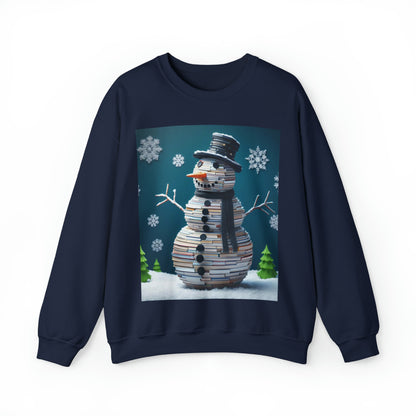 Muñeco de nieve de lector encantado: figura escarchada navideña amante de la pila de libros - Sudadera unisex Heavy Blend™ con cuello redondo