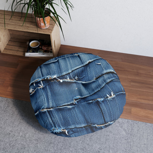 Denim desgastado azul medianoche: diseño resistente, rasgado y elegante - Almohada de suelo capitoné, redonda 