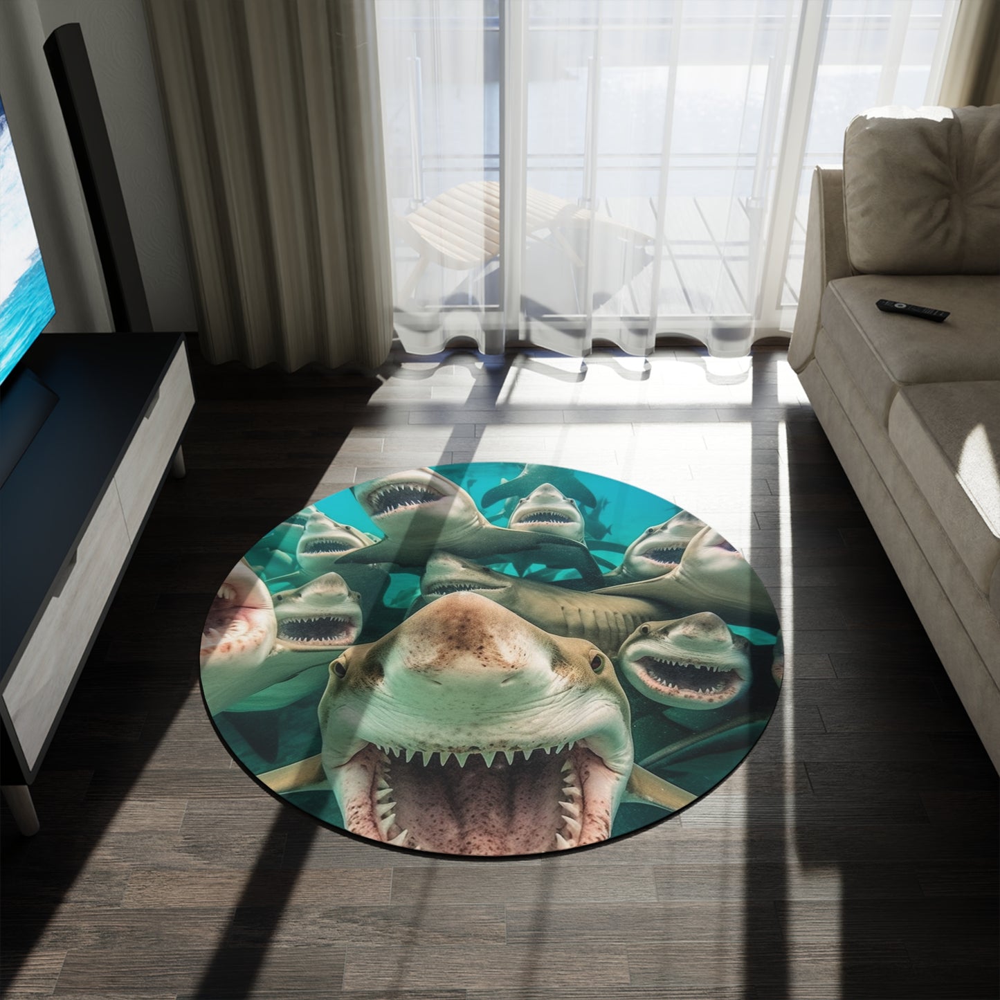 Laughing Lemon Sharks: Joyful Sea Jaws Ocean Deep - Round Rug