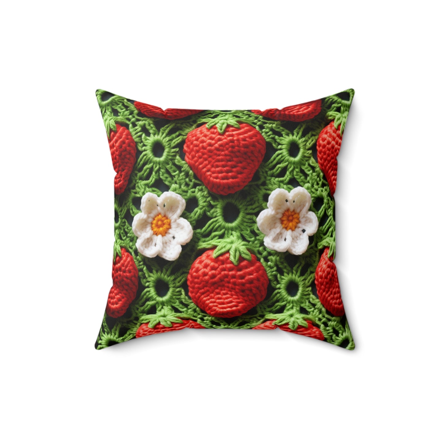 Strawberry Field Crochet - Forever Forest Greens - Fruit Berry Harvest Crop - Spun Polyester Square Pillow