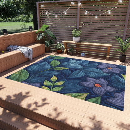 Floral Embroidery Blue: Denim-Inspired, Artisan-Crafted Flower Design - Outdoor Rug