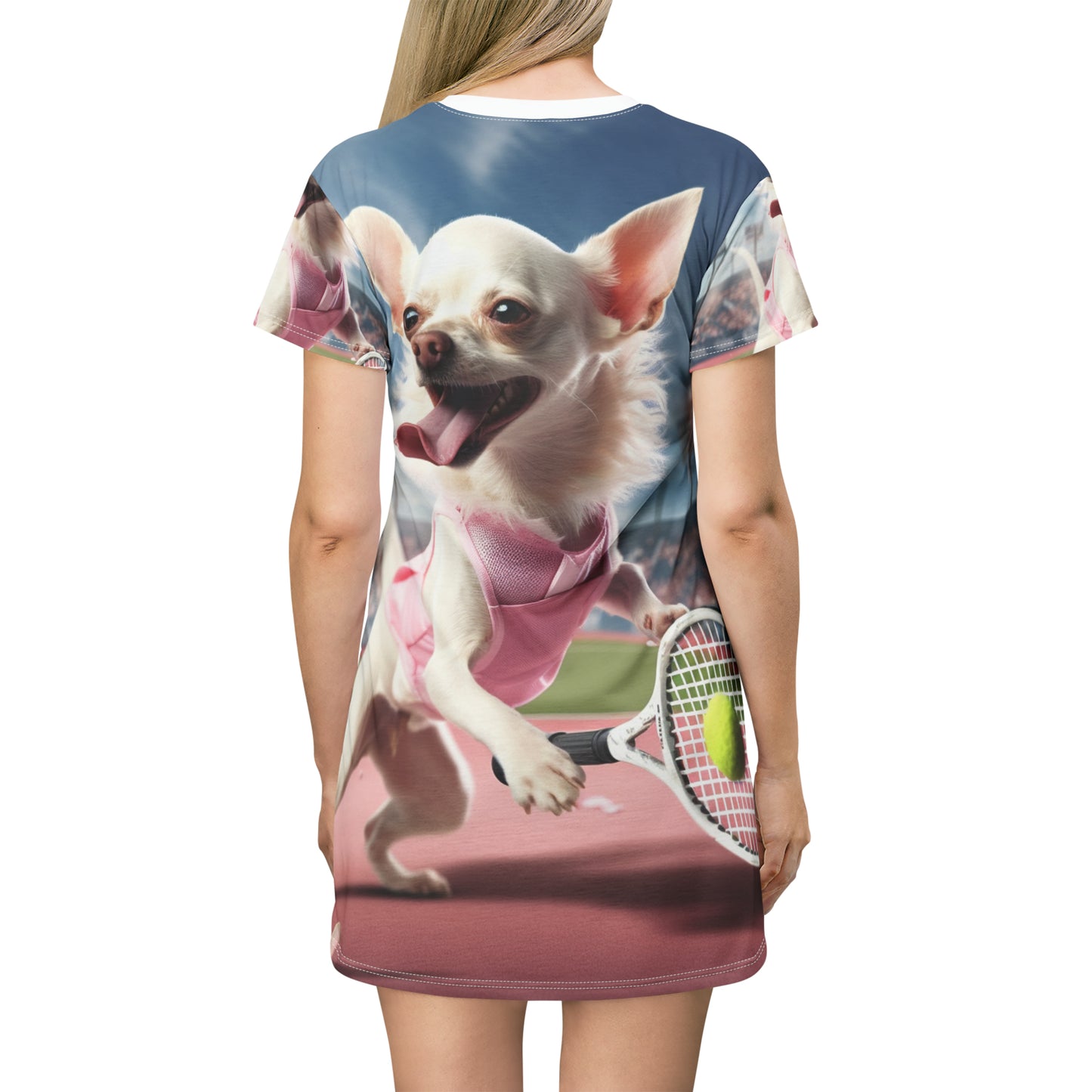 Chihuahua Tennis Ace: Dog Pink Outfit, Court Atheletic Sport Game - T-Shirt Dress (AOP)