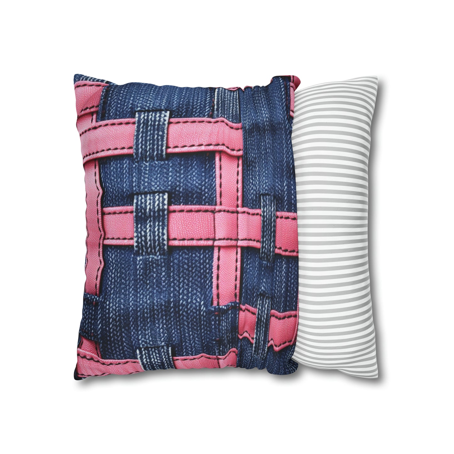 Candy-Striped Crossover: Pink Denim Ribbons Dancing on Blue Stage - Spun Polyester Square Pillow Case