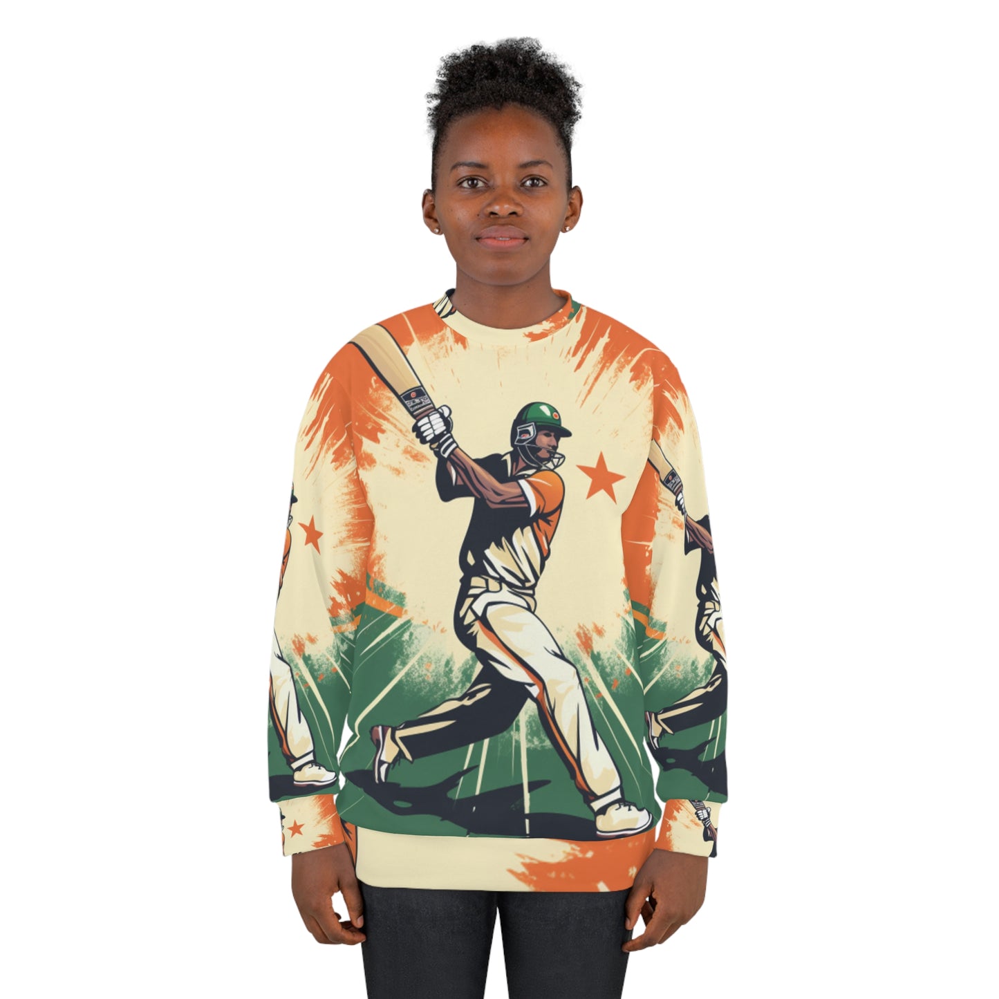 India Cricket Star: Batsman With Willow Bat, National Flag Style - Sport Game - Unisex Sweatshirt (AOP)